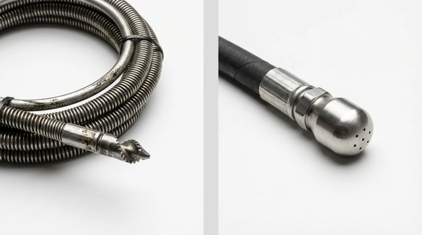 Drain snake cable and hydro jetting nozzle used for drain cleaning in Auburn, AL
